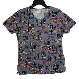 Scrub Top Disney XS Halloween Smock Work Costume with Mickey, Minnie & Pluto